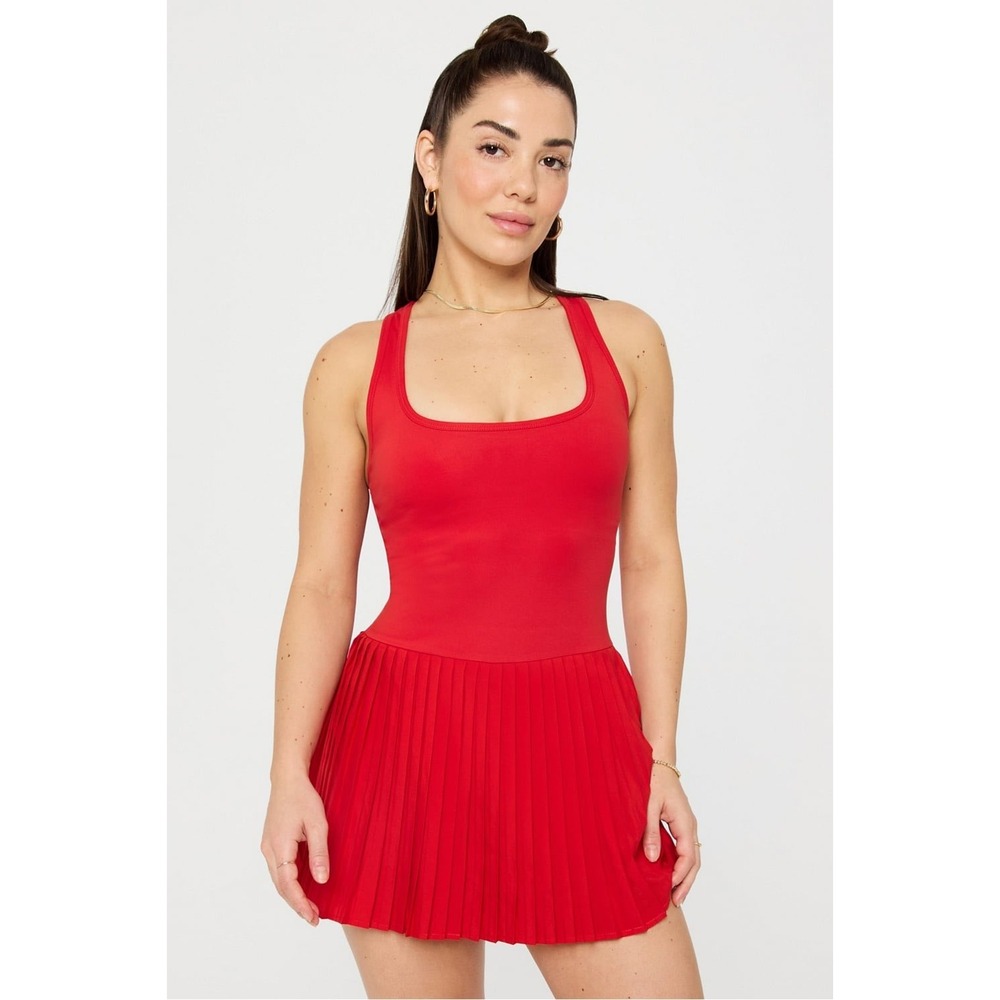 Fabletics Red Pleated Tennis Dress Racerback Mesh Activewear Small